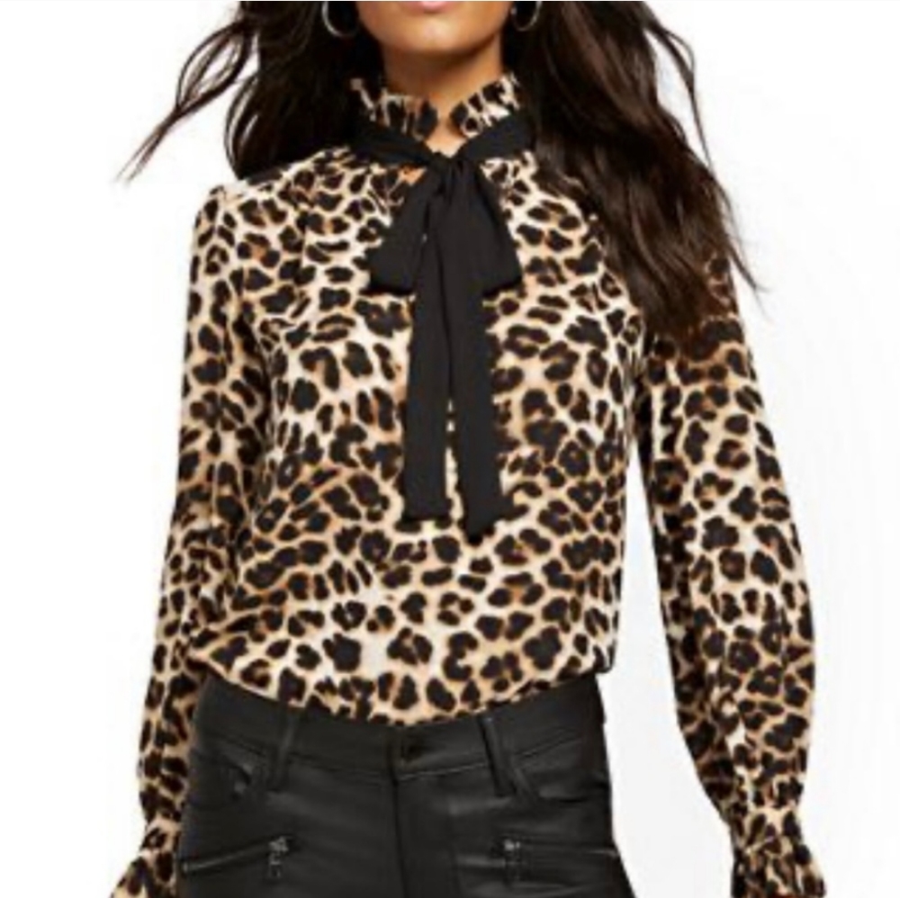New York & Company cheetah print bow-neck blouse office work.